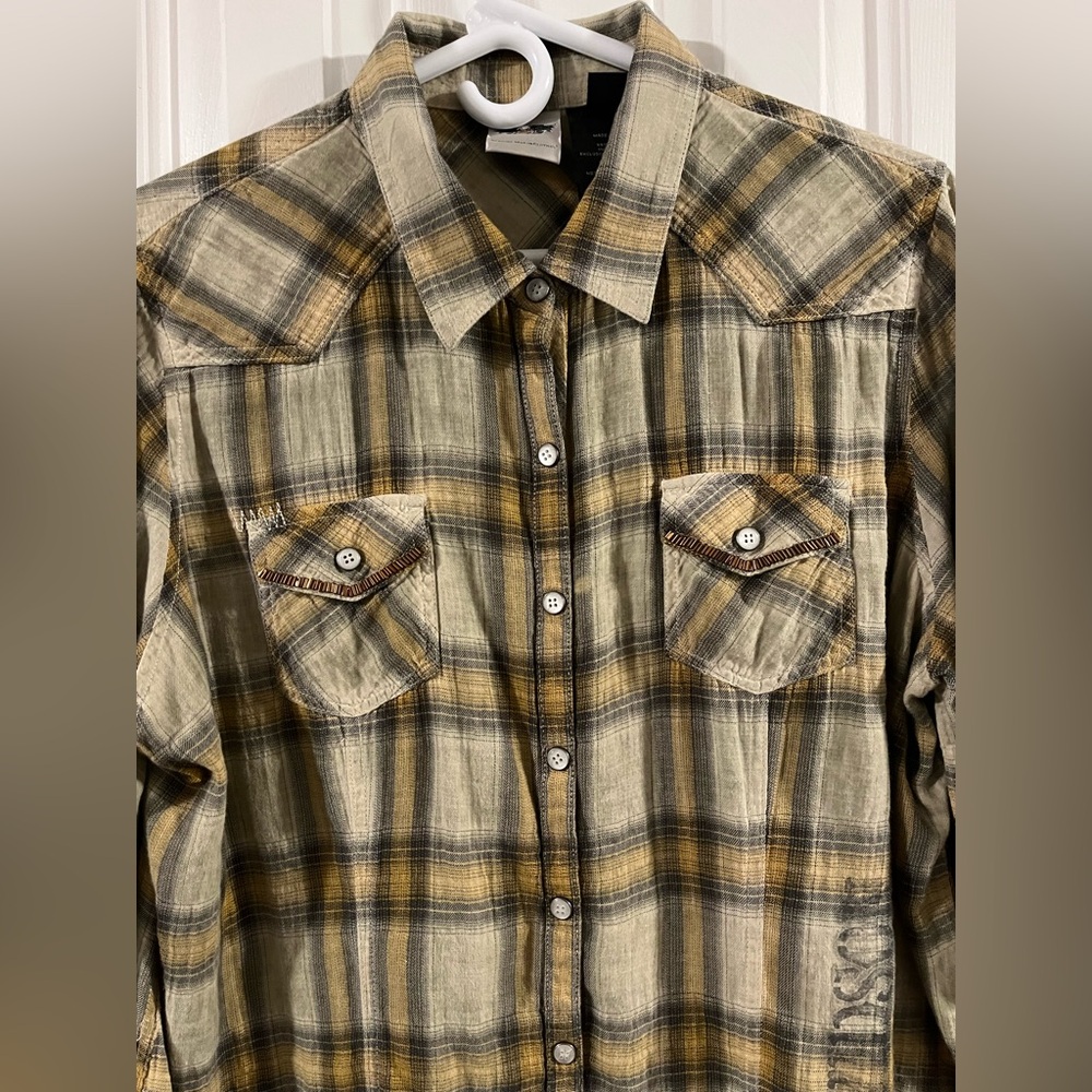 HARLEY-DAVIDSON Women sz XL Cotton/Spandex Brown Plaid Snap Button-Up Shirt